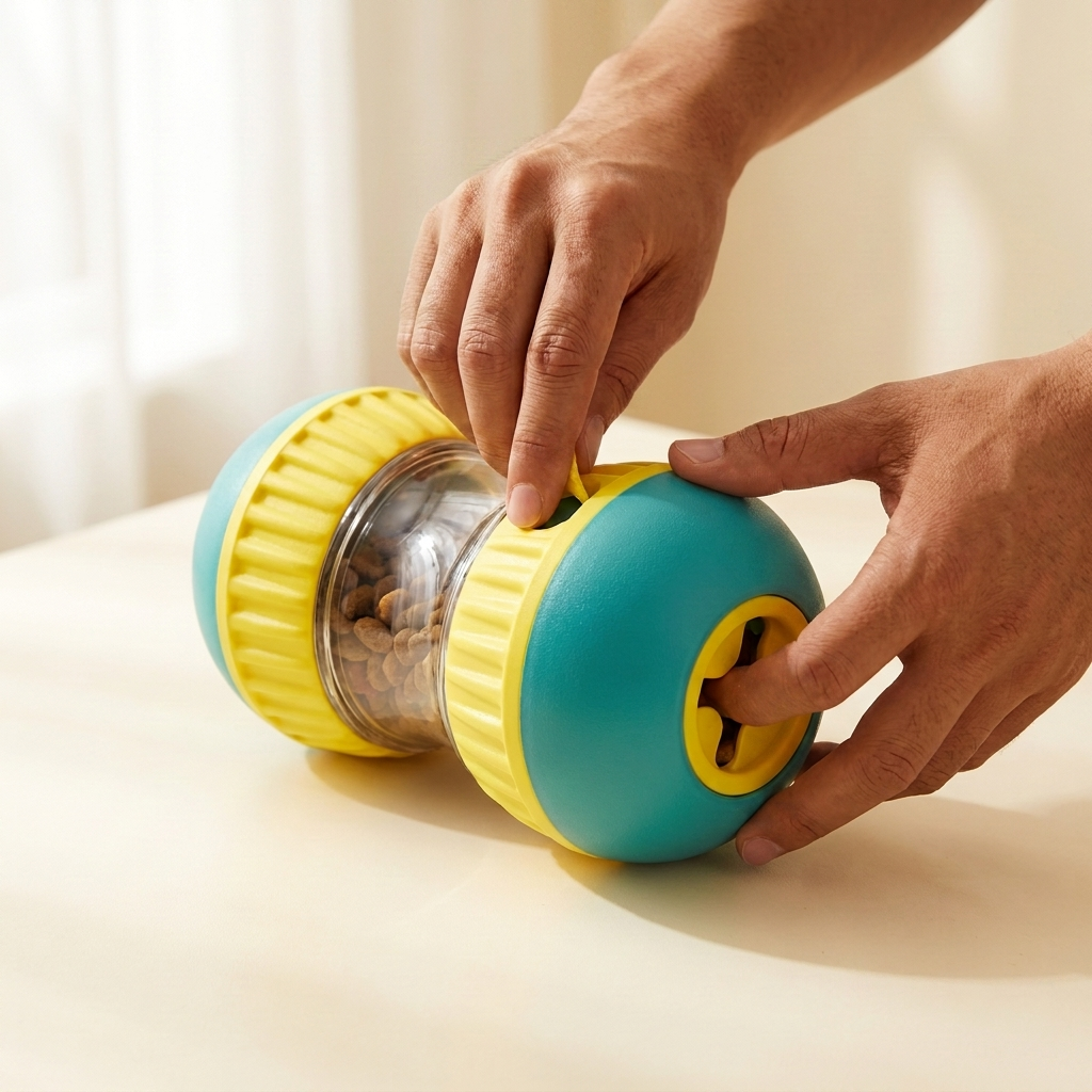 Hands adjusting the aperture level on the ChasePlay barbell treat ball