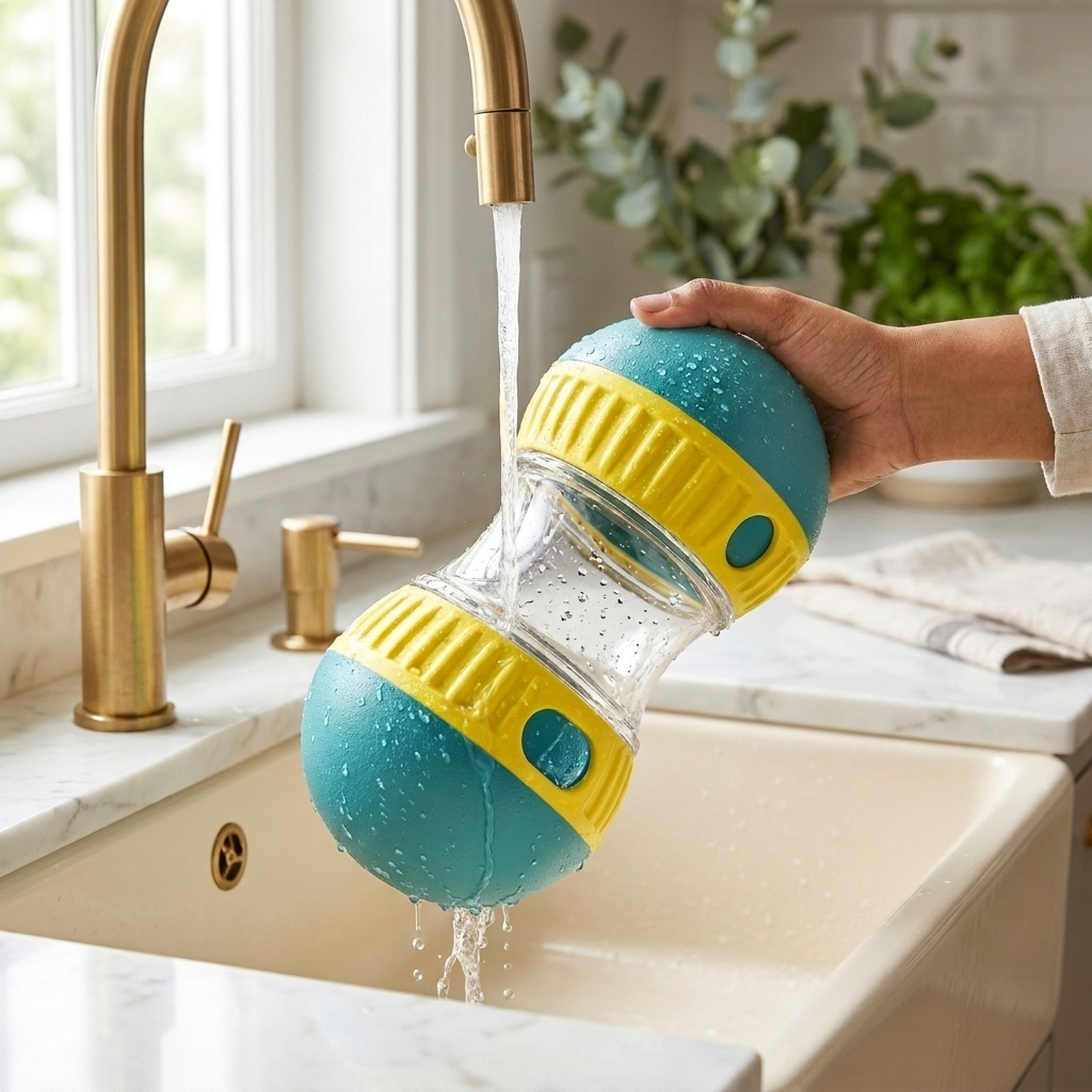 Rinsing the ChasePlay treat ball clean under a kitchen tap