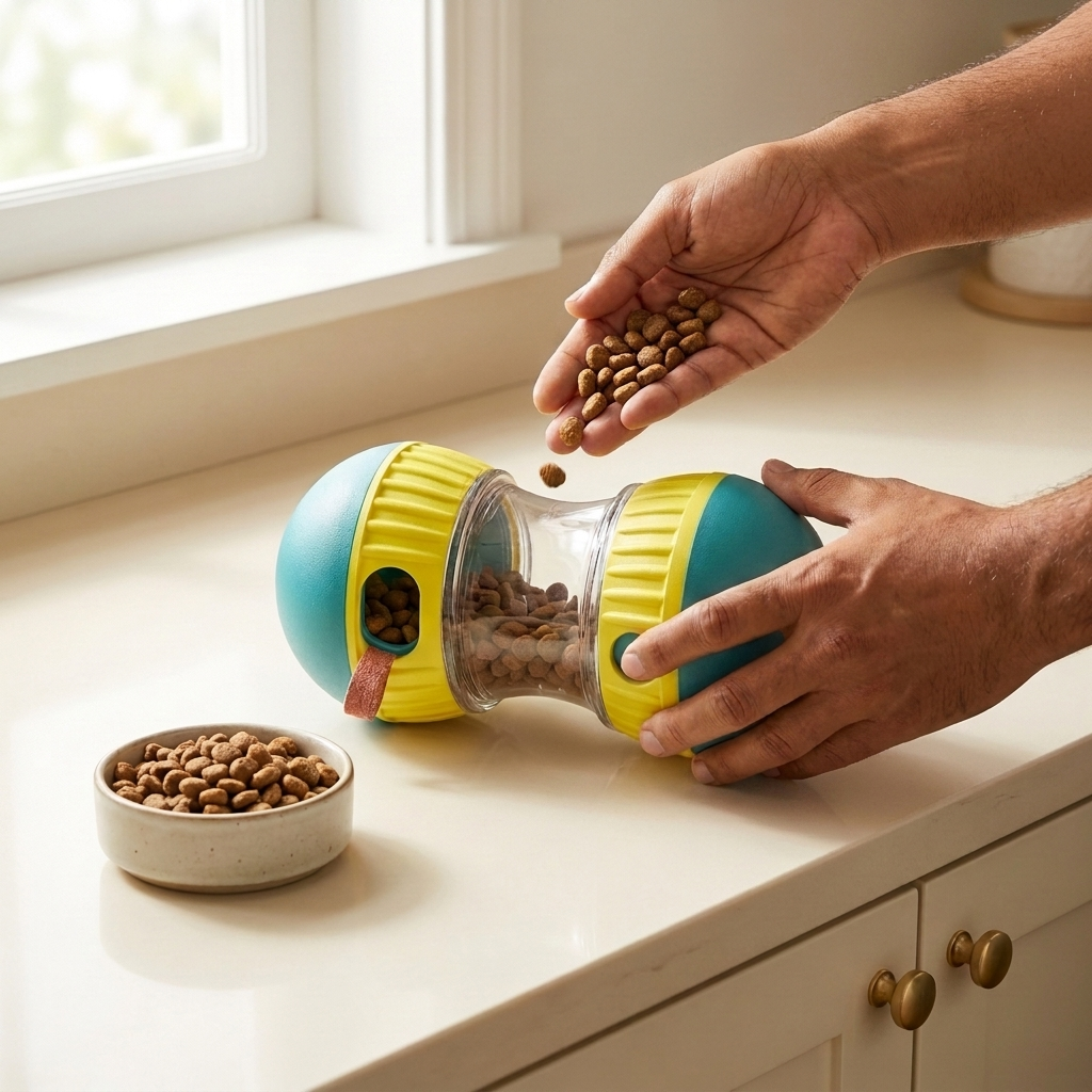 Pouring kibble into the ChasePlay treat ball at Level 1