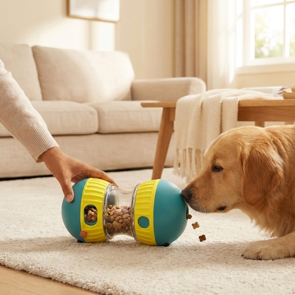 Handing the ChasePlay treat ball to a golden retriever to start the chase