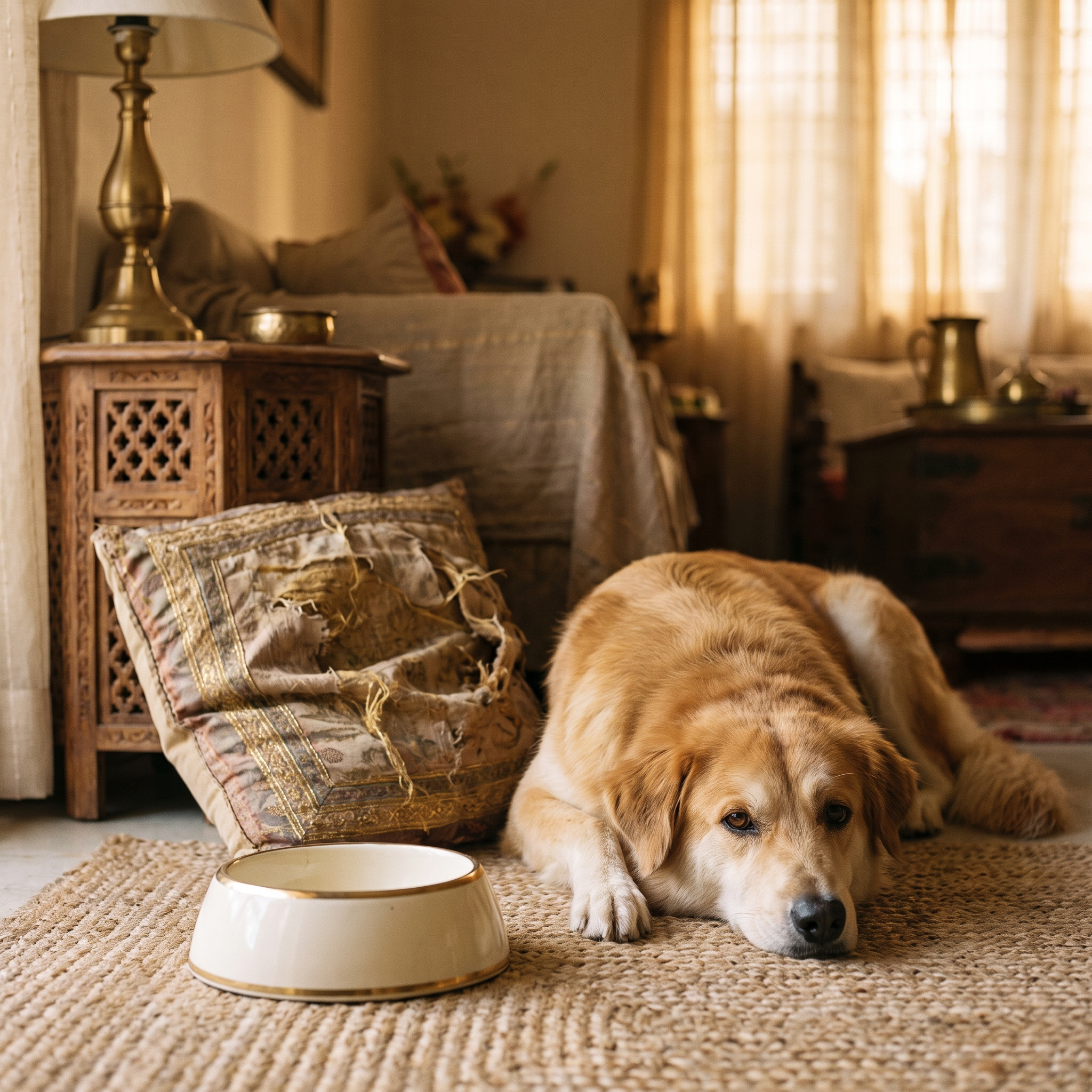 bored dog beside empty bowl