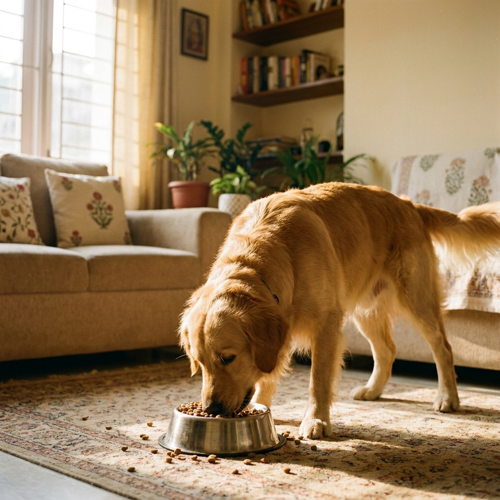 Dog gulping dinner from a bowl in seconds