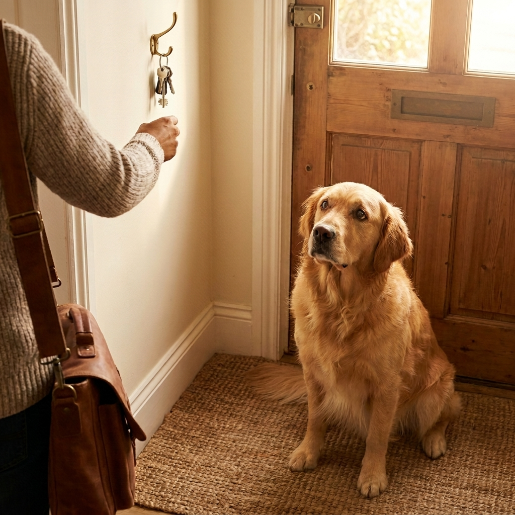 Indian pet parent reaching for keys by the front door while the dog watches, worried