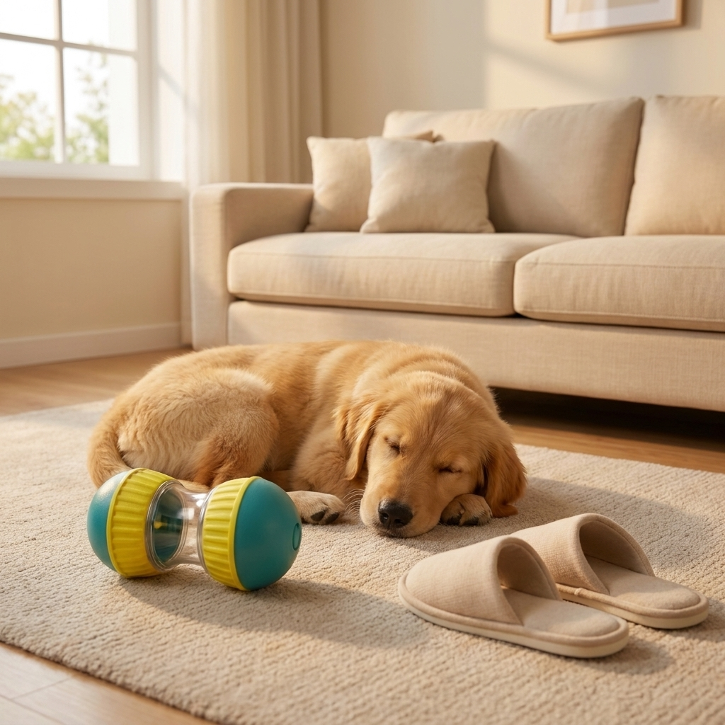 Month 1 with TumbleBar - slippers intact, dog resting