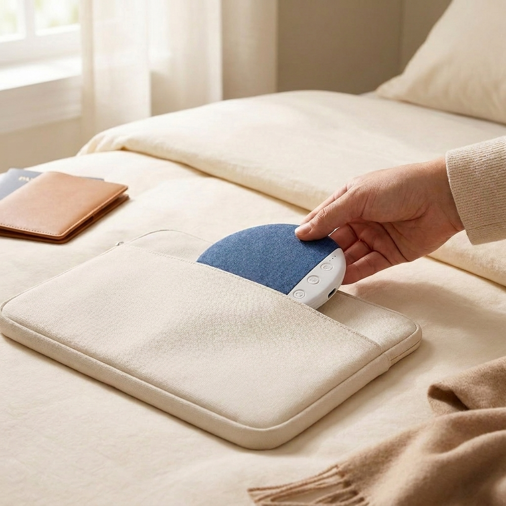Hand tucking the slim Lull pillow speaker into a laptop sleeve