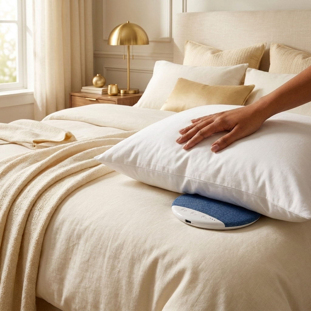 Hand slipping the slim Lull pillow speaker under a pillow
