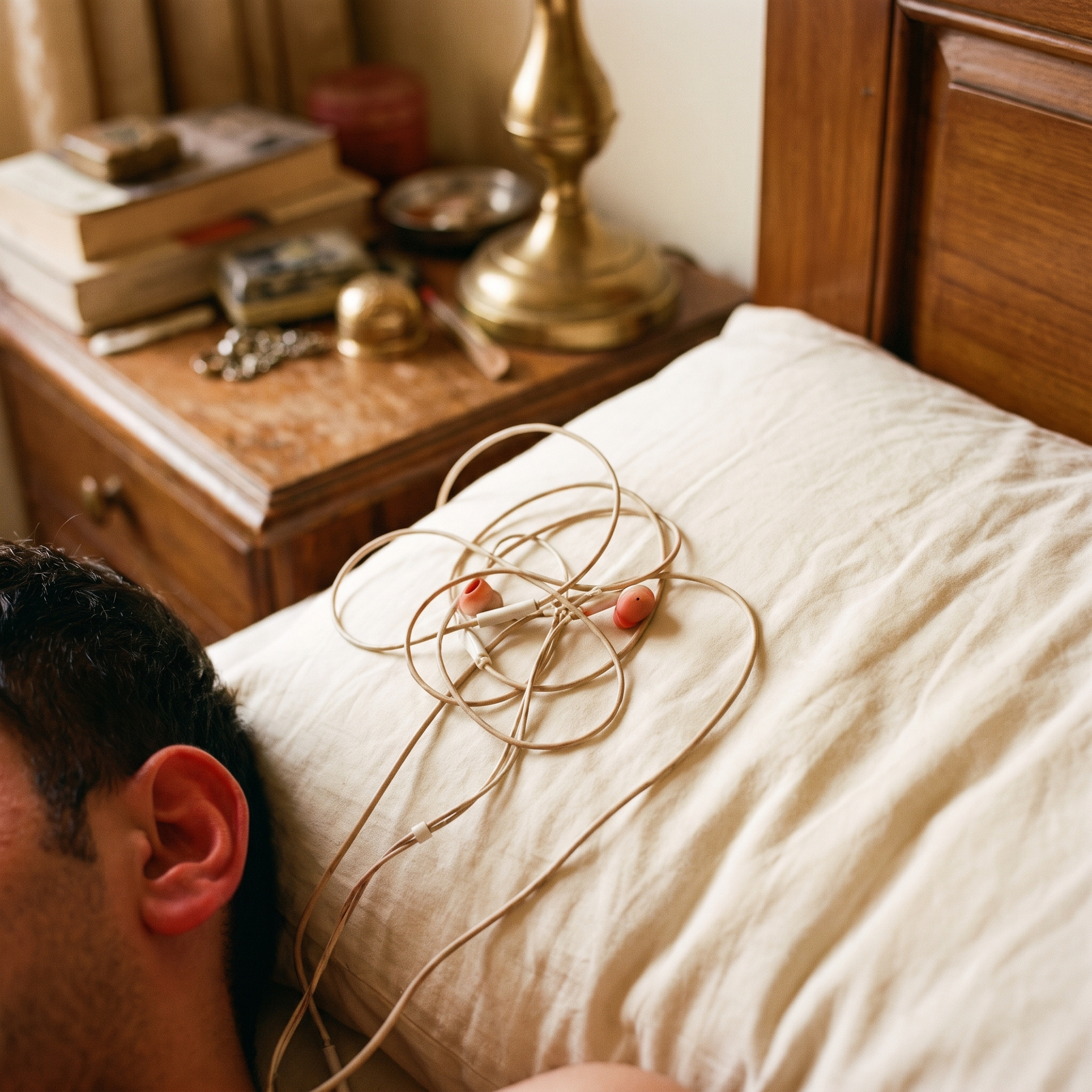 Tangled earbuds and sore ear at night