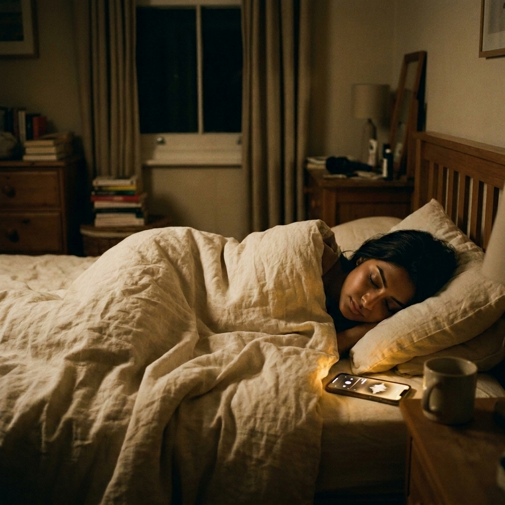Indian woman asleep as her phone keeps autoplaying beside the pillow