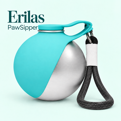 Erilas PawSipper round flask with folded turquoise bowl and wrist loop