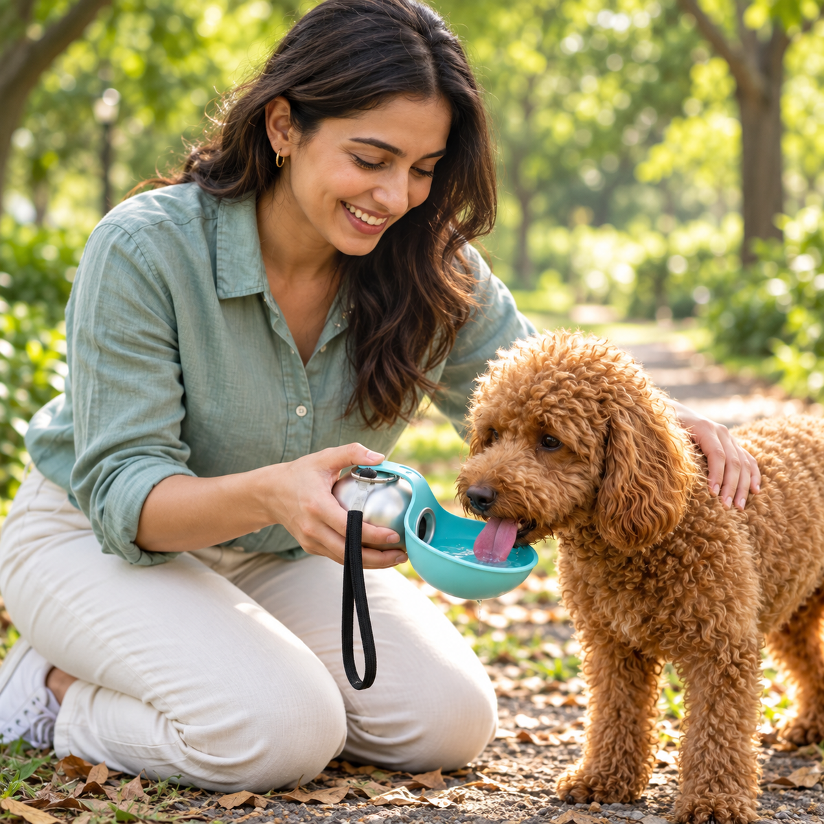 Illustrated water break: the same dog drinks from PawSipper’s attached teal bowl while its owner holds the round flask.
