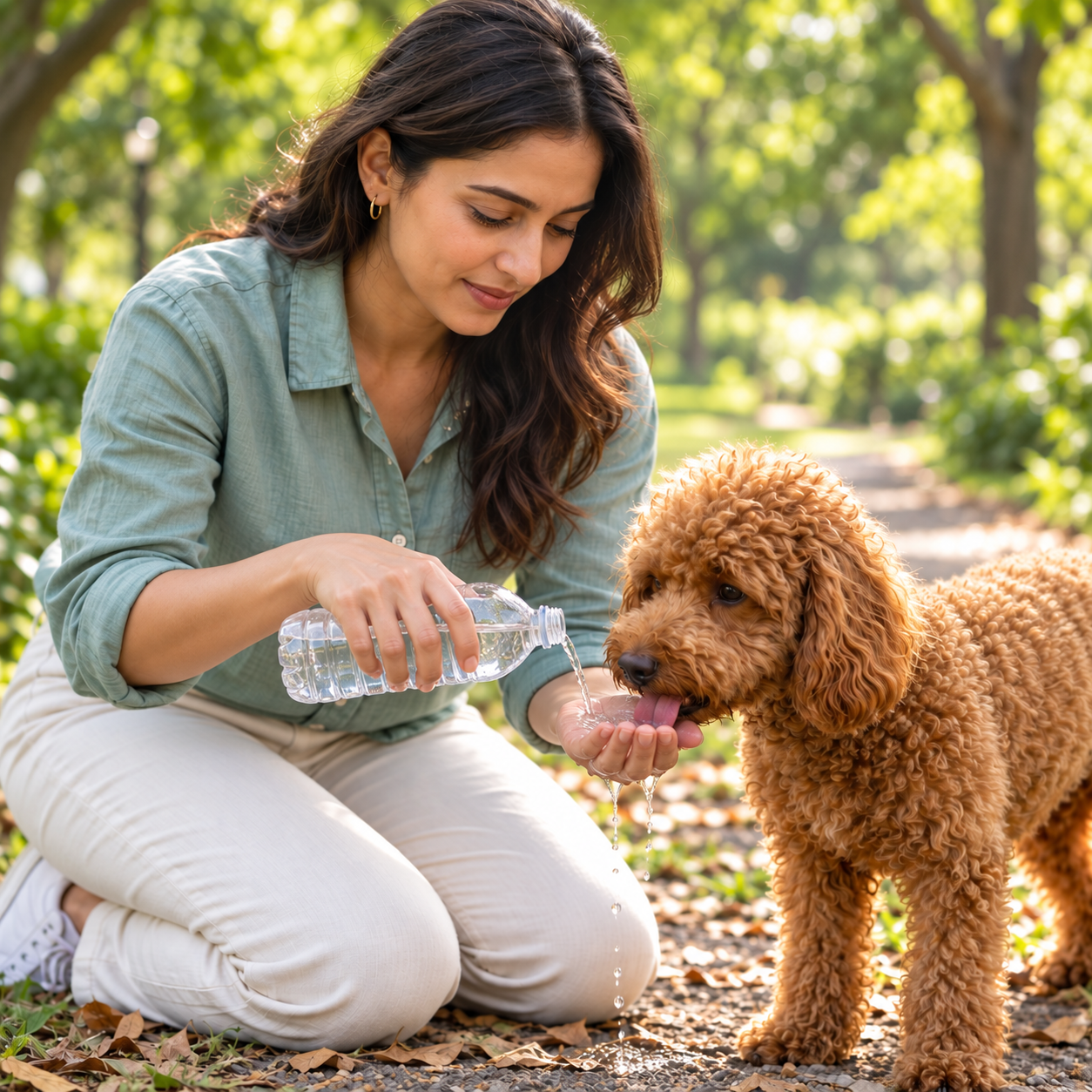 Illustrated water break: pouring from an ordinary bottle into a cupped palm, with water spilling between the fingers.