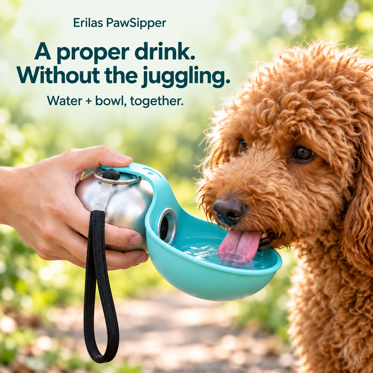 Erilas PawSipper: a proper drink without the juggling. Dog drinking from the attached teal bowl of the round silver water flask.