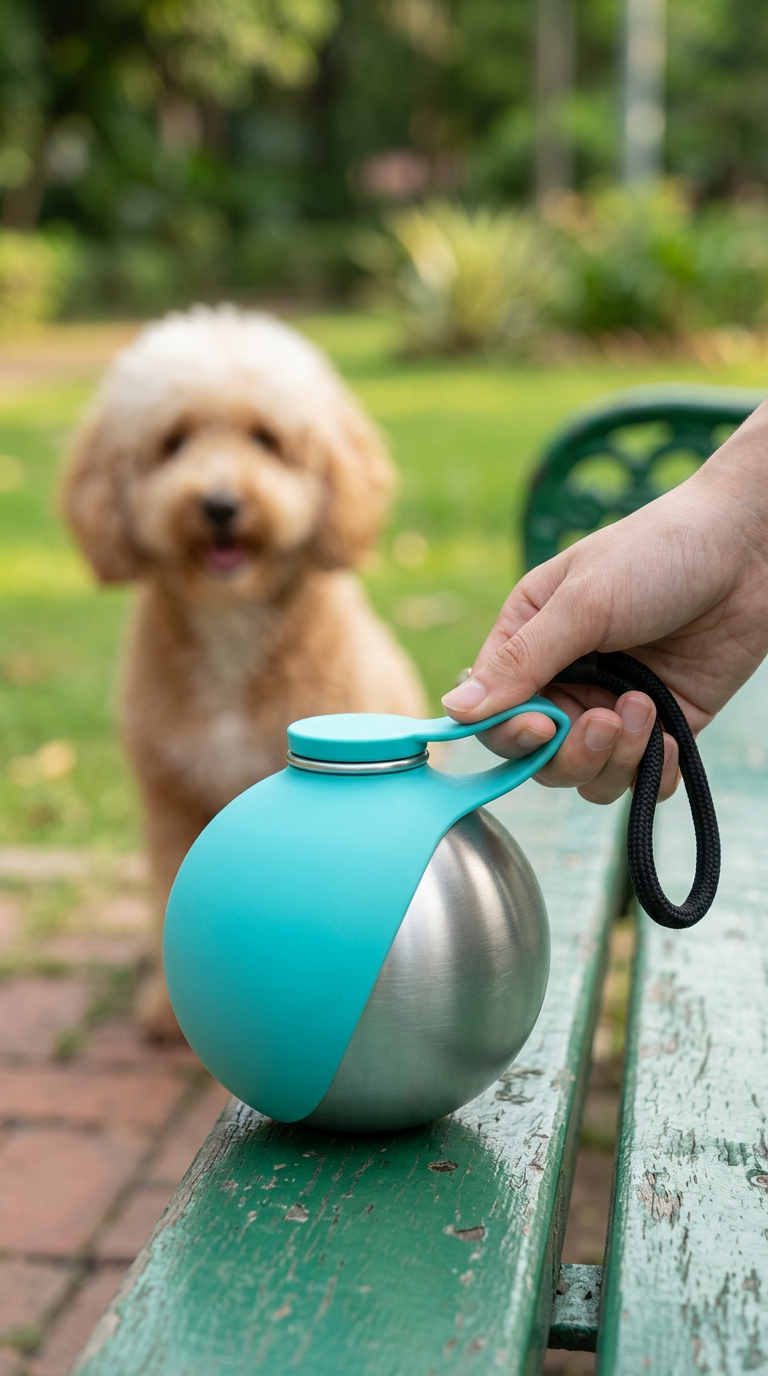 Round dog water flask with teal wrap and wrist loop in a park