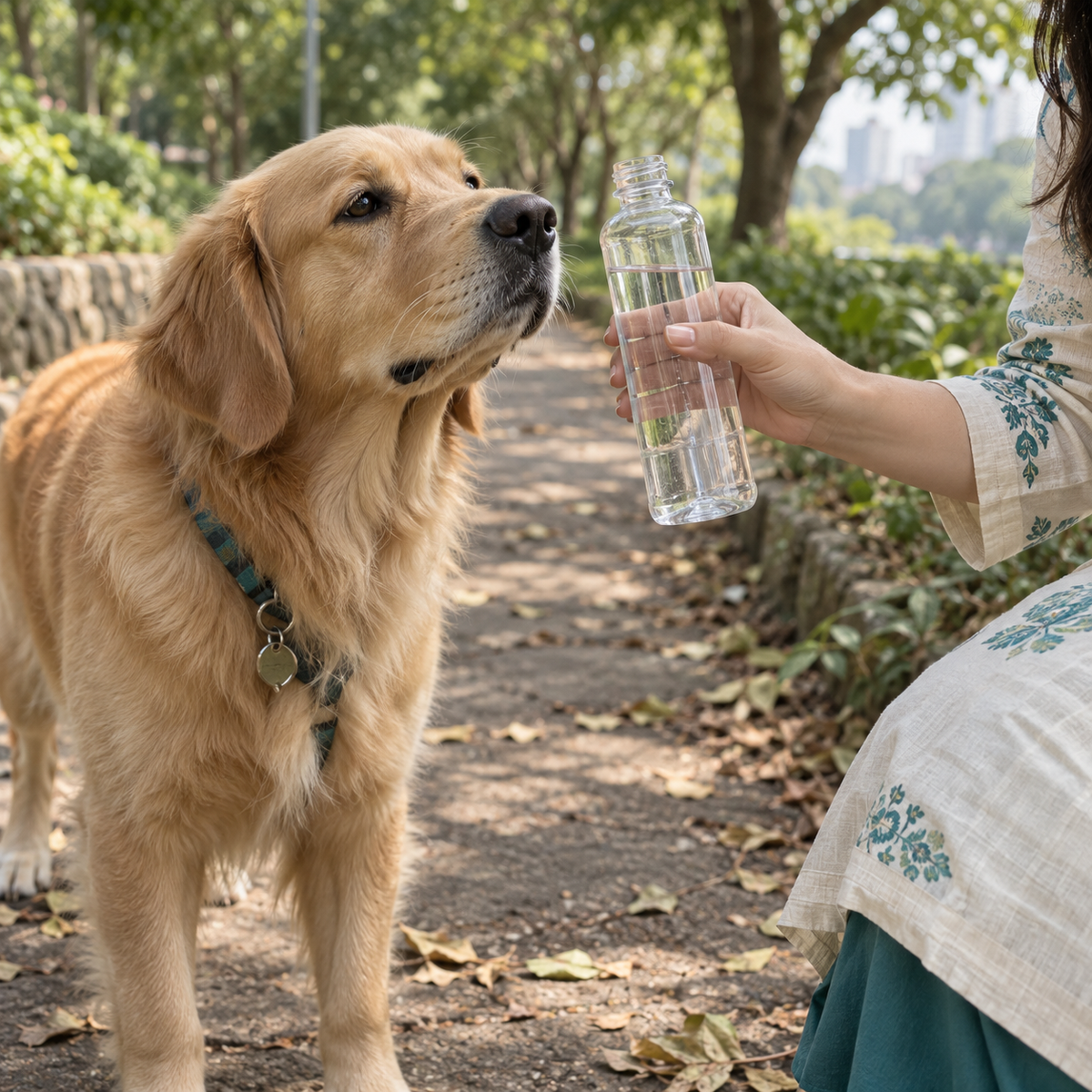 A conventional bottle opening beside a dog on a walk