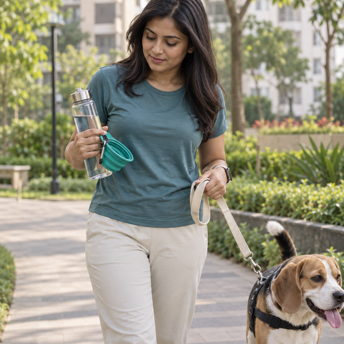 A separate travel bowl and water bottle to carry with the lead