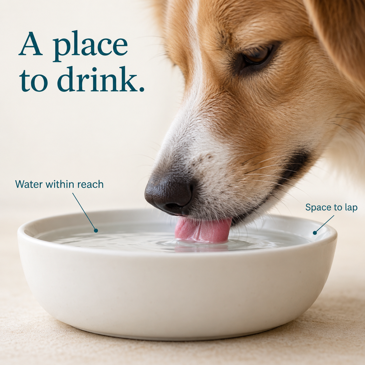 Dog lapping from a shallow bowl showing why water needs a reachable drinking space