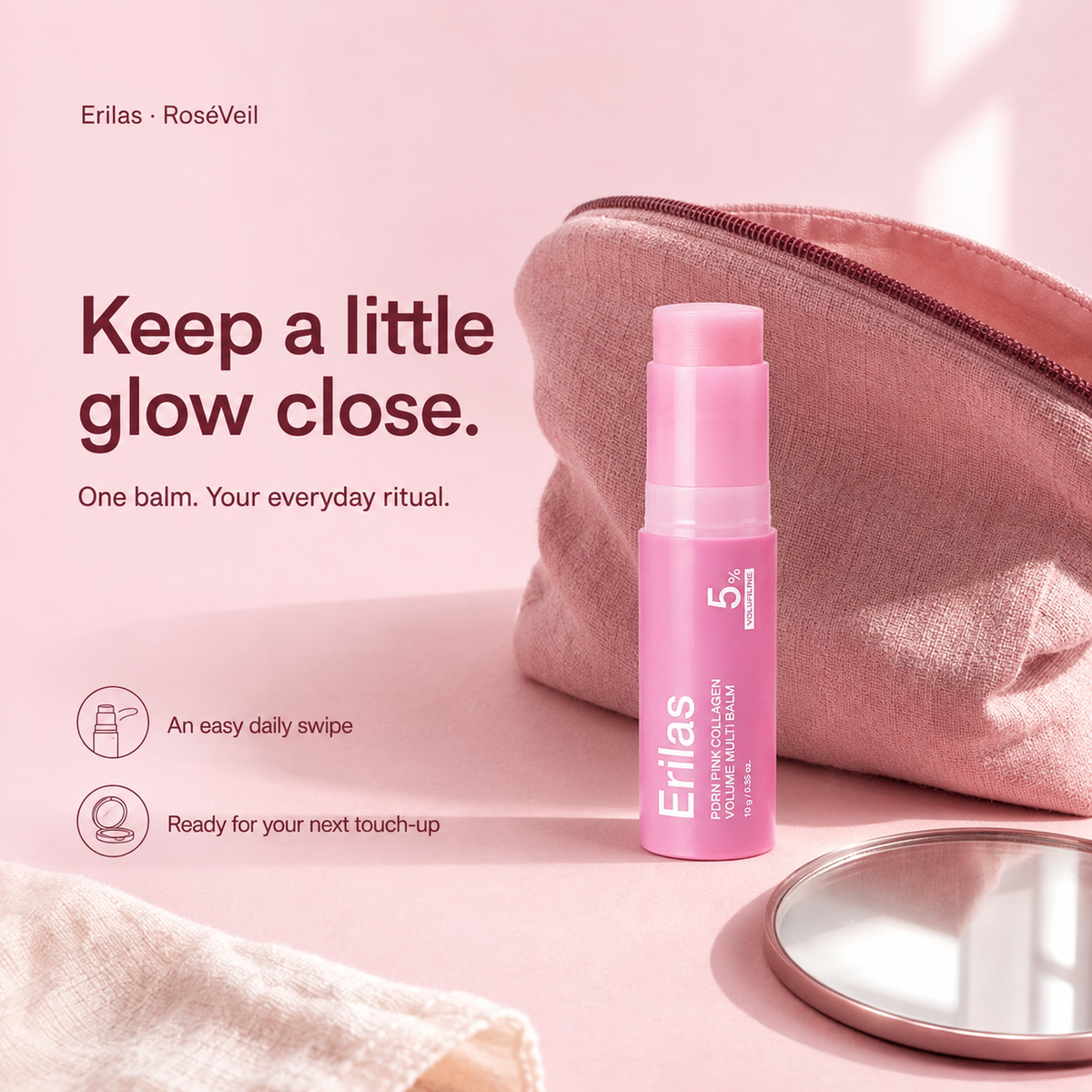 RoséVeil multi-balm beside a blush pouch and mirror