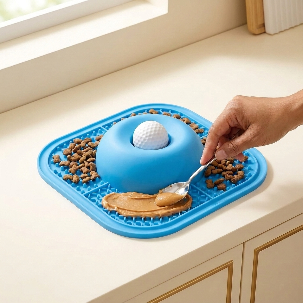 Indian hand spreading peanut butter onto the lick mat with a spoon