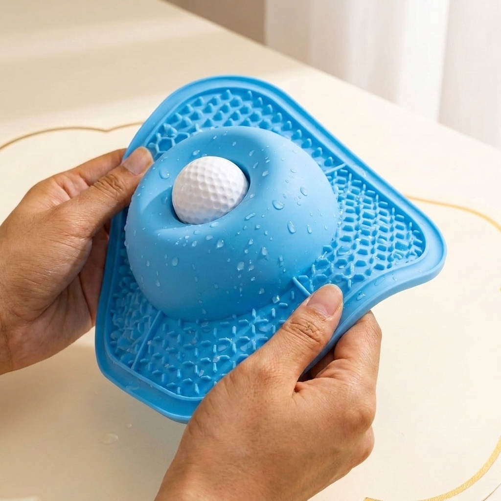 Indian hands rinsing the food-grade silicone lick mat with the ball insert