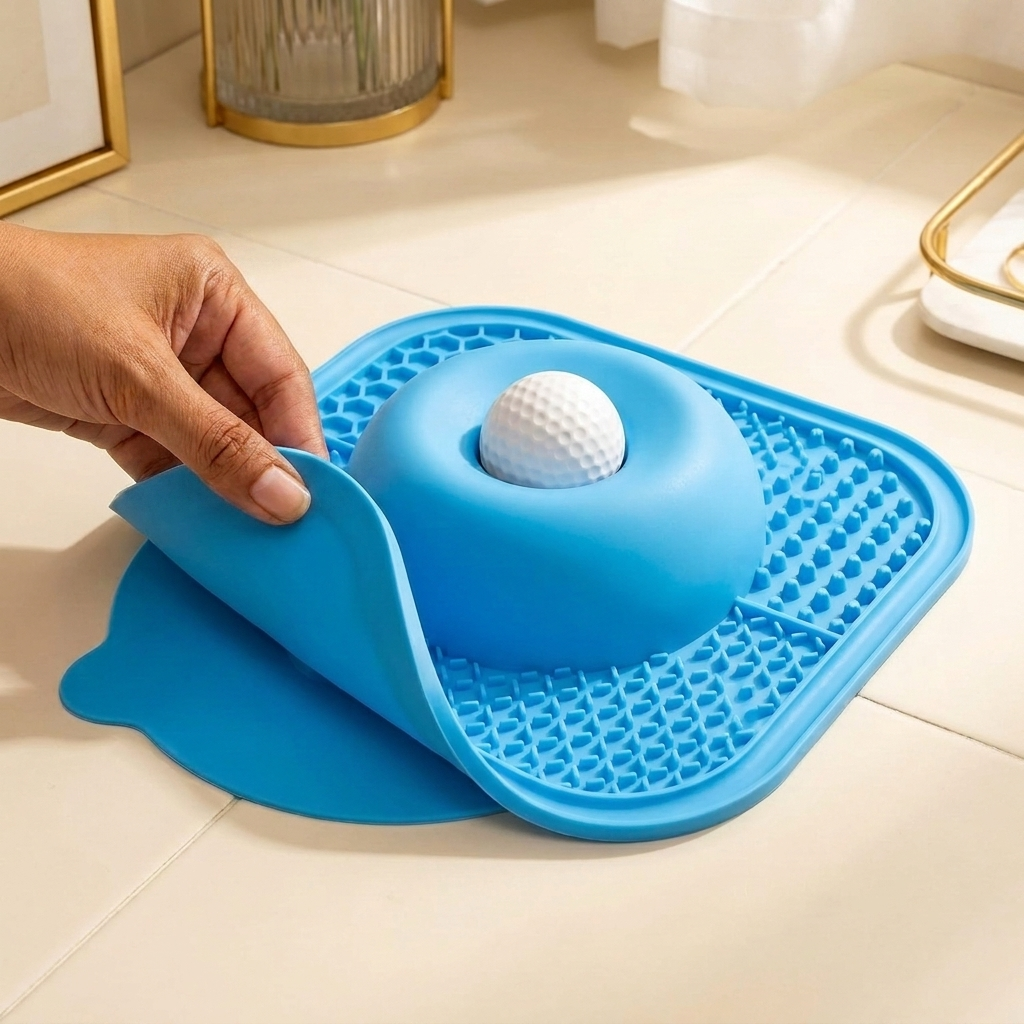 Indian hand peeling the anti-slip lick mat off the floor to show suction grip