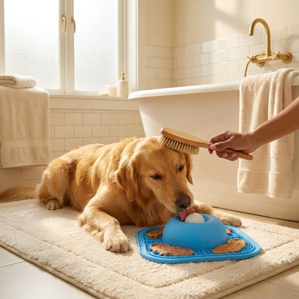 Indian hand brushing a dog while it licks the mat at bath time