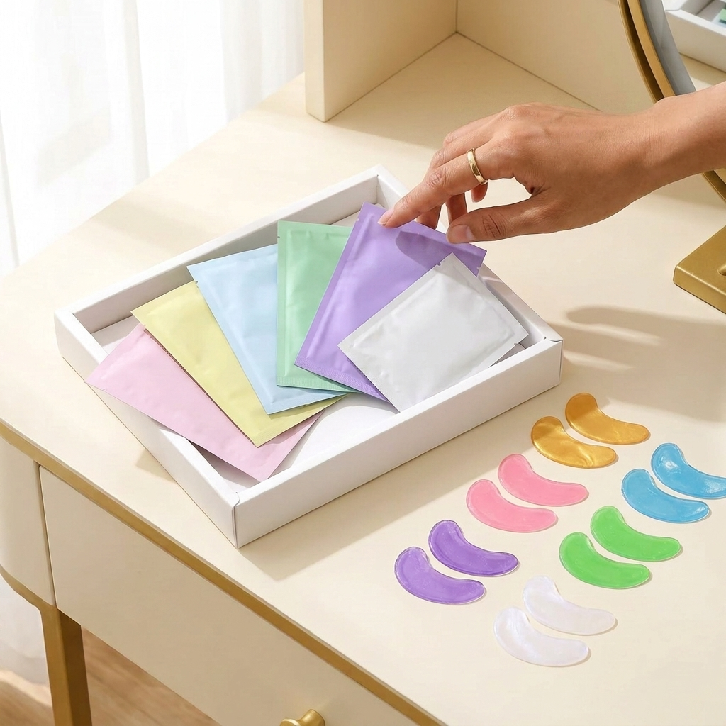 Indian woman's hand choosing a hydrogel under-eye patch sachet from the Erilas tray