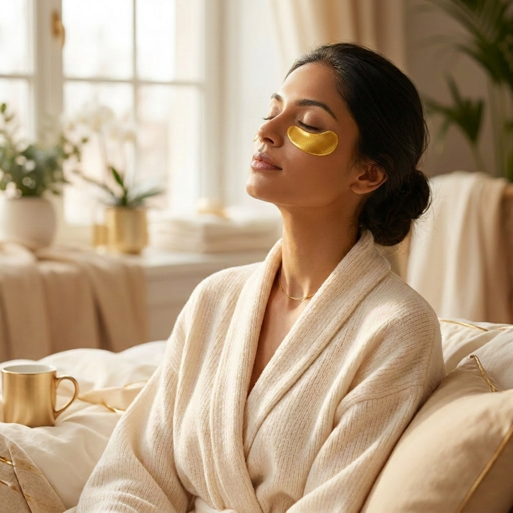 Indian woman resting with a gold Erilas hydrogel eye patch under one eye