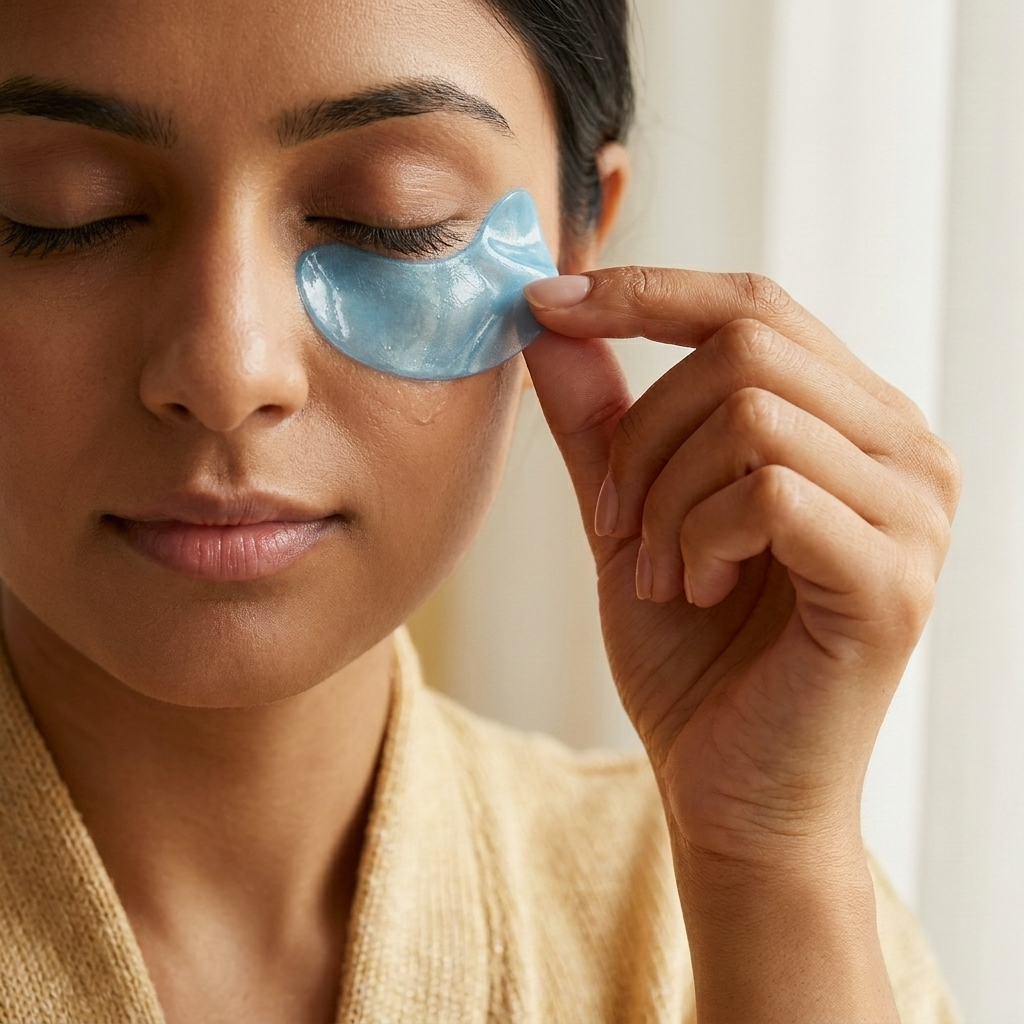 Indian woman pressing a blue Erilas hydrogel eye patch under her eye