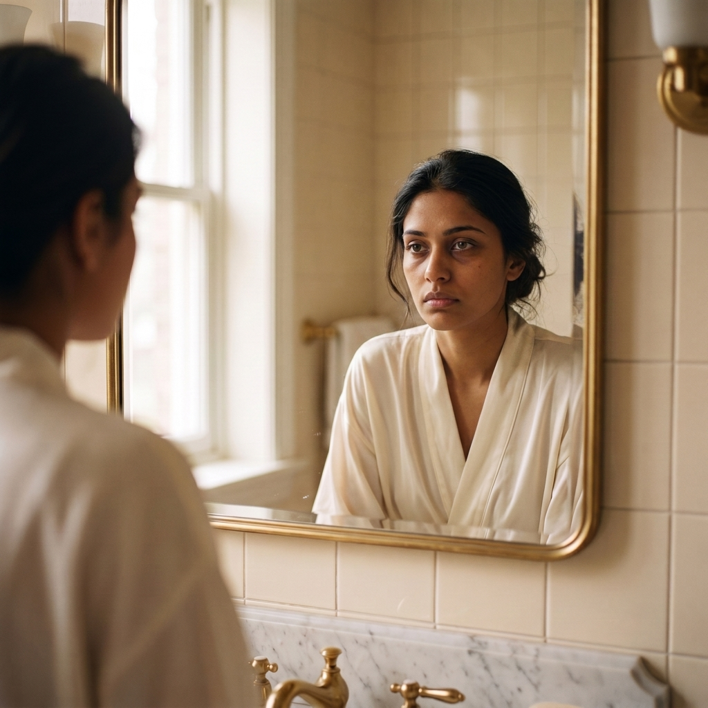 Indian woman noticing tired, puffy under-eyes in the bathroom mirror in the morning