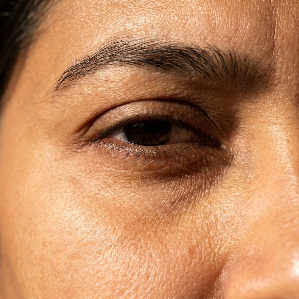 Close-up of an Indian woman's shadowed, tired under-eye