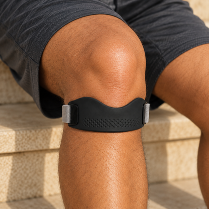 Static close view of exact black perforated silicone front and grey fastening wrap worn directly below uncovered kneecap.