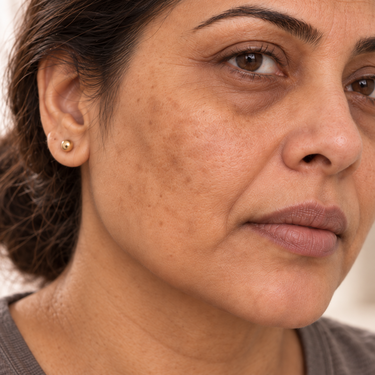 Close cheek-and-mouth crop with matte dull finish, uneven brown tone and natural pores.