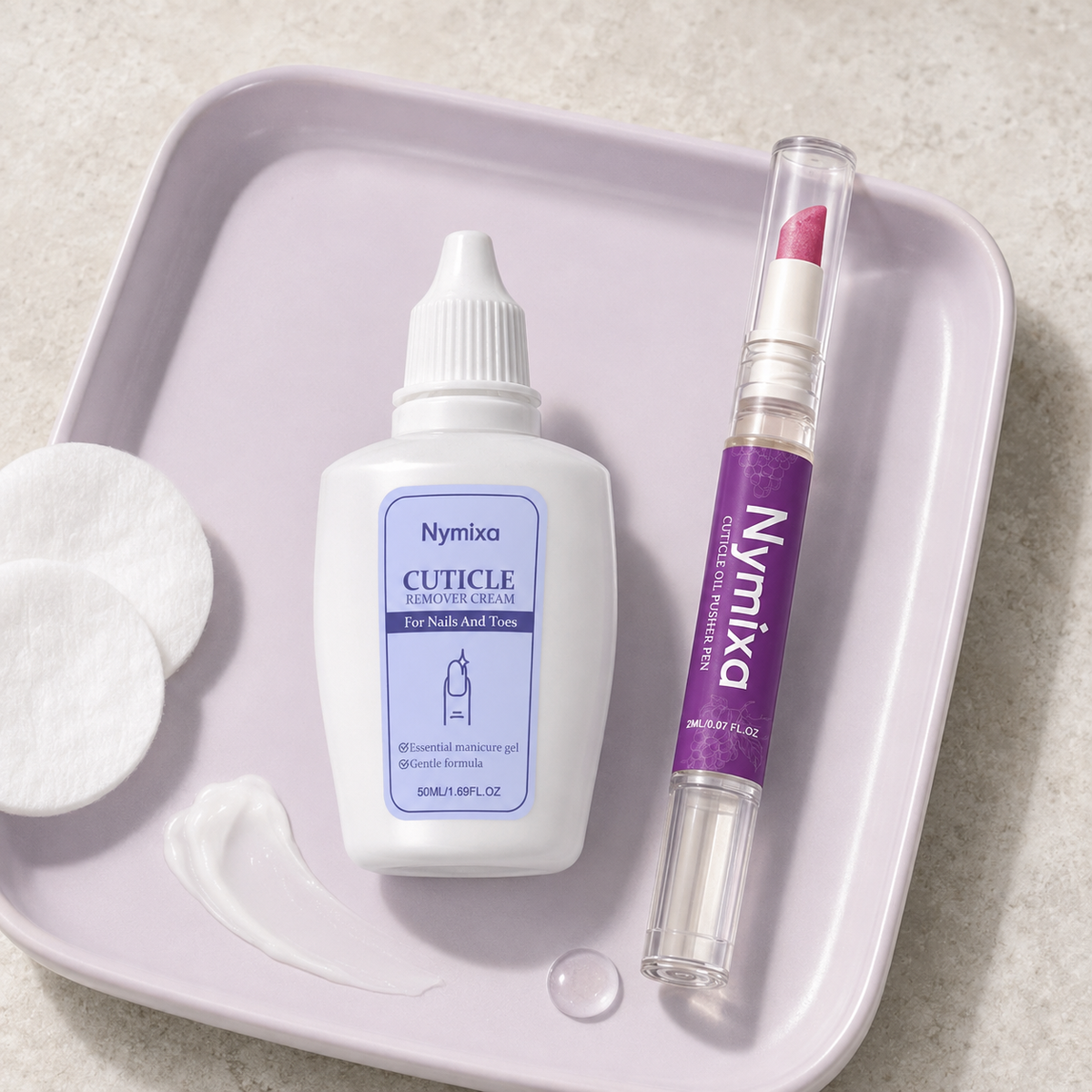 The actual cream bottle and angled oil pen beside distinct cream and oil textures.