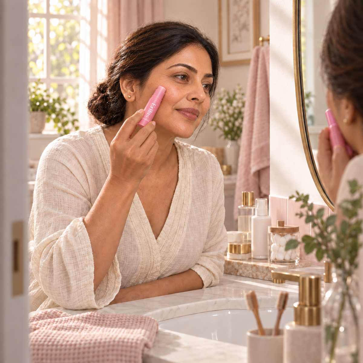 Erilas RoséVeil branded balm in showcase morning scene.