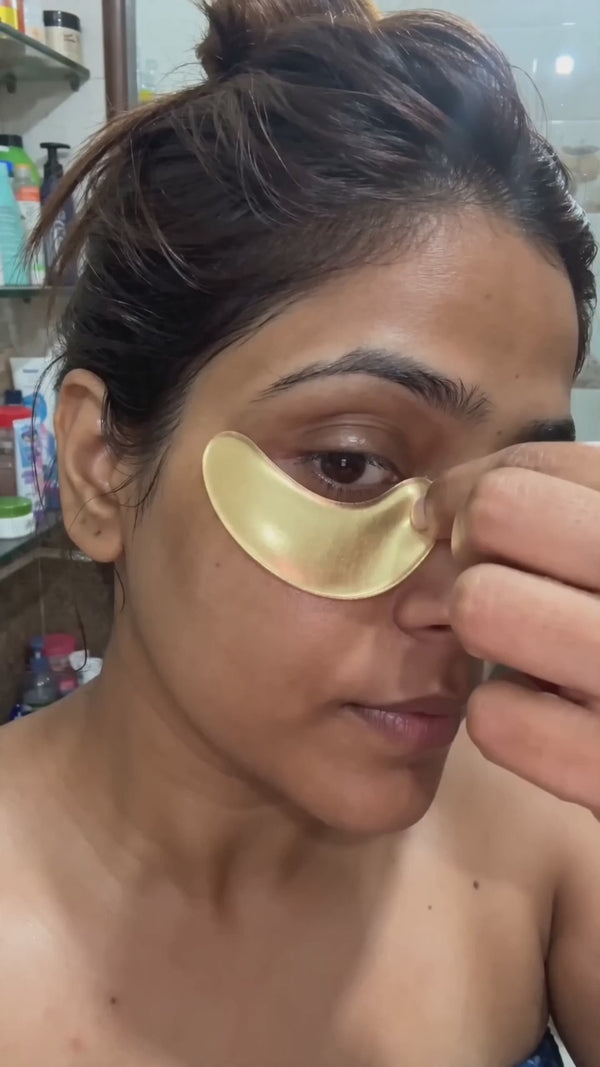 Indian woman peeling Erilas gold under-eye patch showing brighter under-eye, real customer UGC