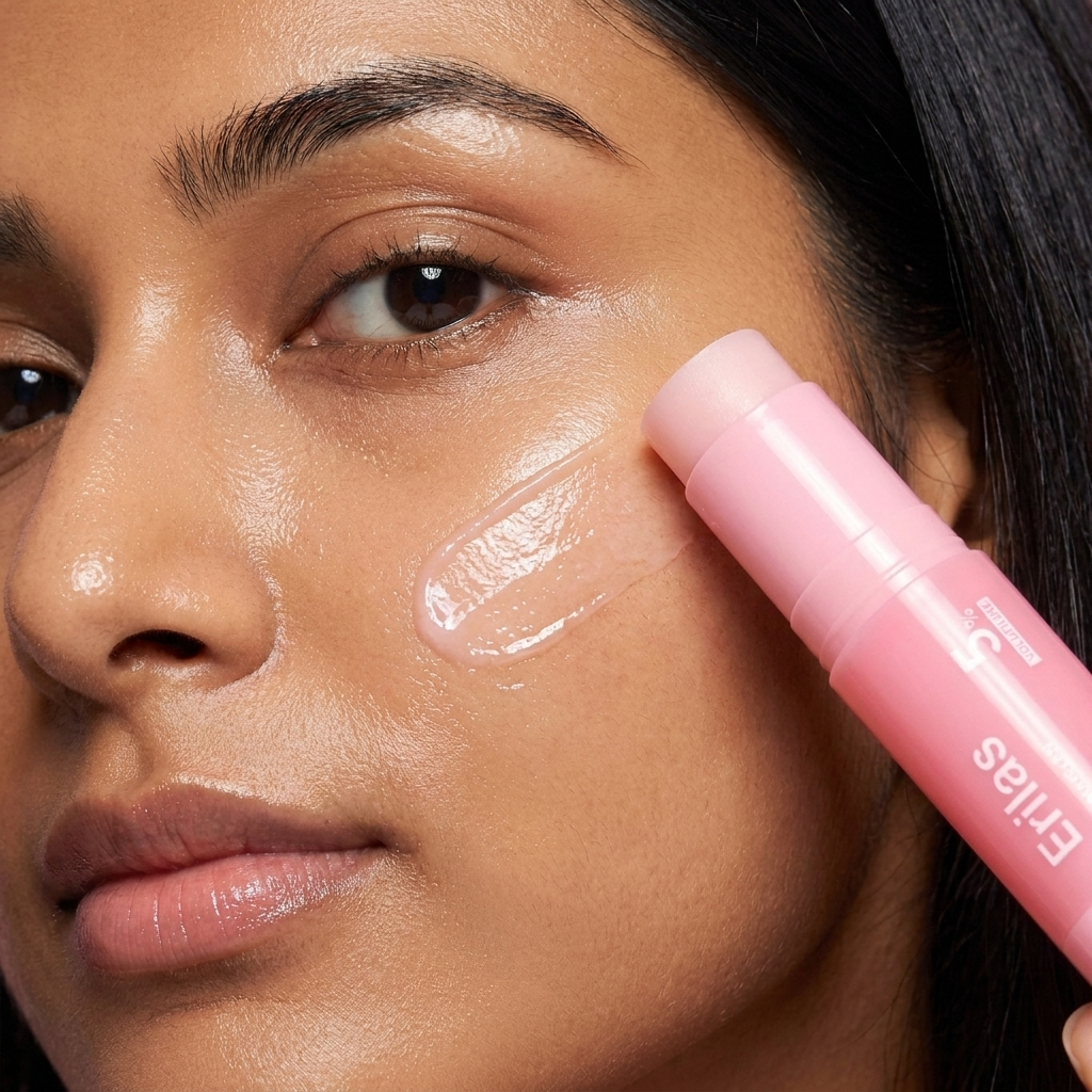 Indian woman close-up, pink Erilas balm stick applied to cheek, instant glow