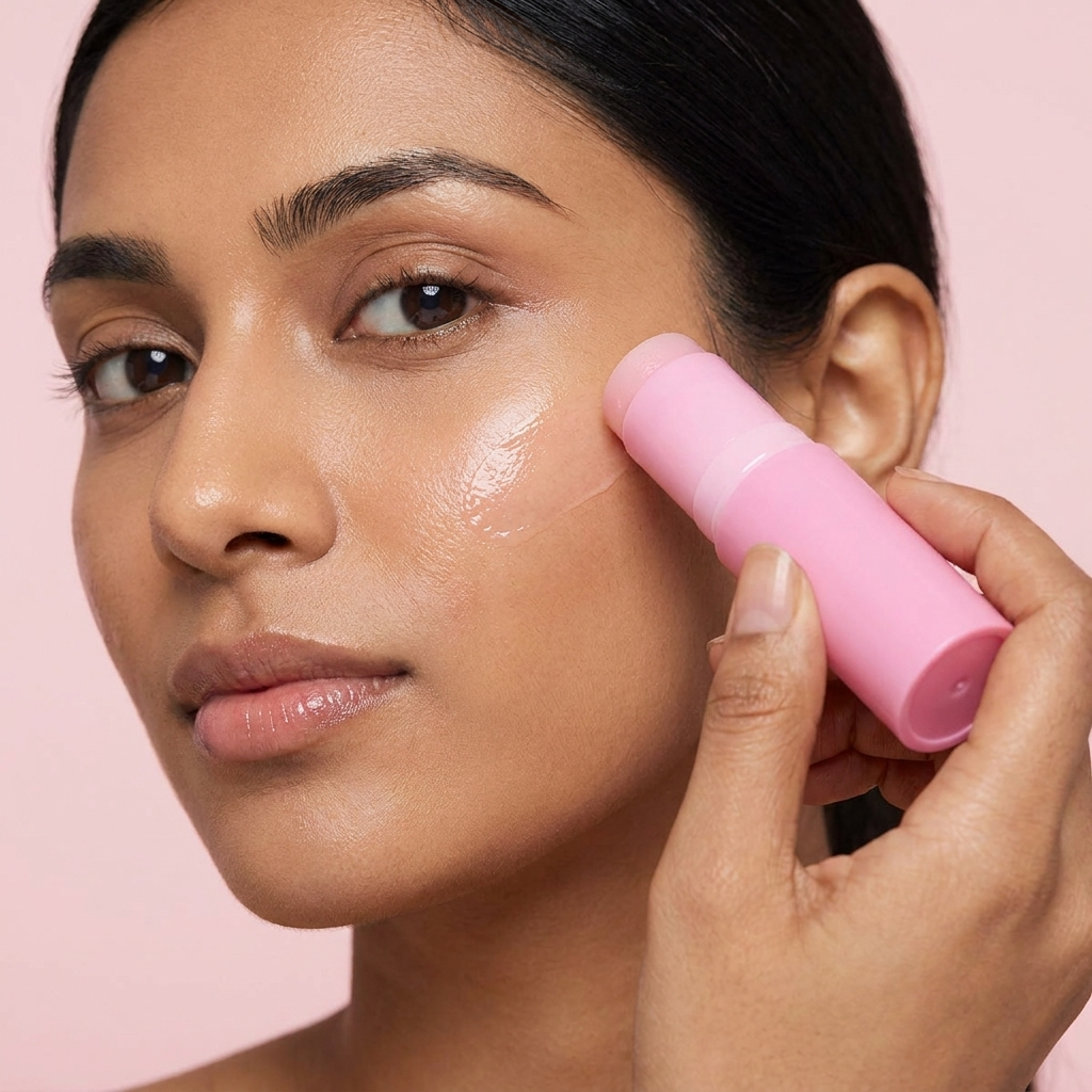 Indian woman swiping pink Erilas balm stick on cheek, step 1