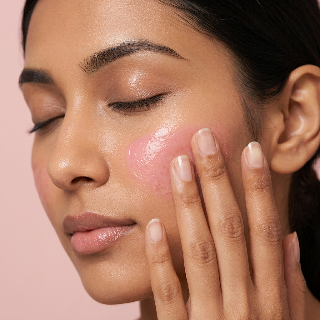 Indian woman pressing balm into cheek with fingertips, step 2
