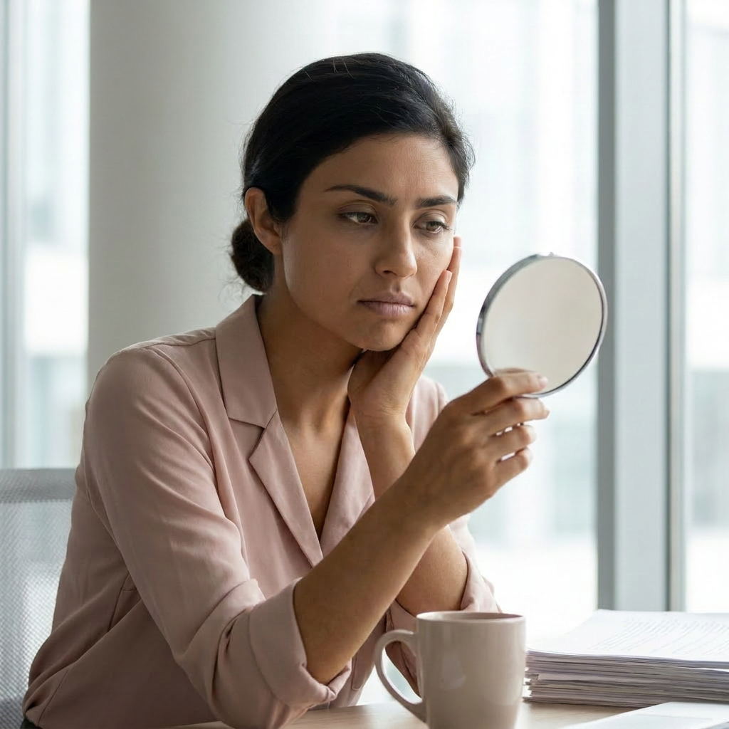 Indian woman tired at desk holding hand mirror, afternoon dullness
