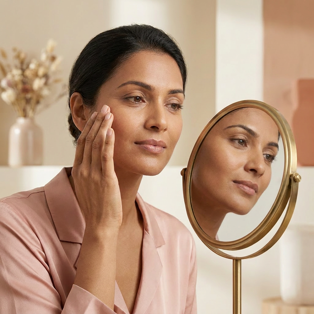Indian woman checking fine lines under eyes in vanity mirror